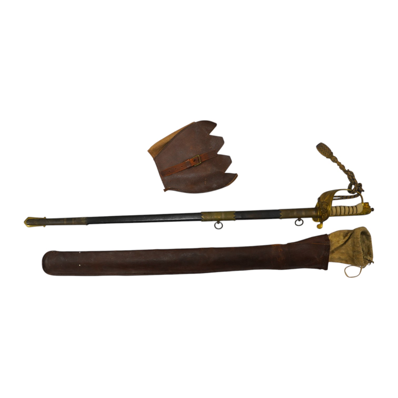 A George VI naval officer’s dress sword by Wilkinson (unnumbered), with regulation brass hilt with folding guard, engraved P.A.R. Gould R.N., bullion dress knot, in its brass mounted leather scabbard and contained in its